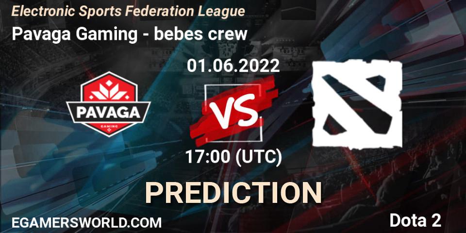Pronósticos Pavaga Gaming - bebes crew. 01.06.2022 at 17:00. Electronic Sports Federation League - Dota 2