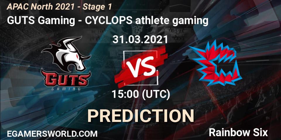 Pronósticos GUTS Gaming - CYCLOPS athlete gaming. 31.03.2021 at 10:30. APAC North 2021 - Stage 1 - Rainbow Six