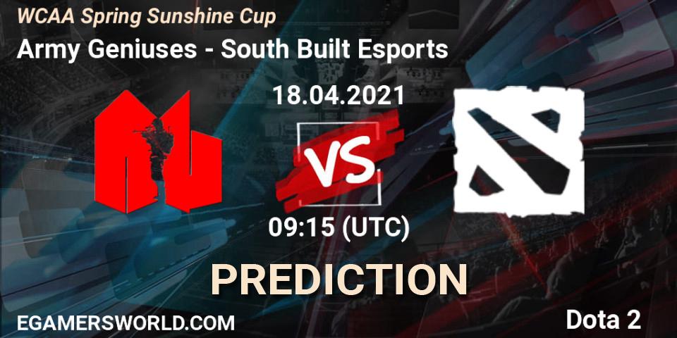 Pronósticos Army Geniuses - South Built Esports. 18.04.2021 at 09:15. WCAA Spring Sunshine Cup - Dota 2