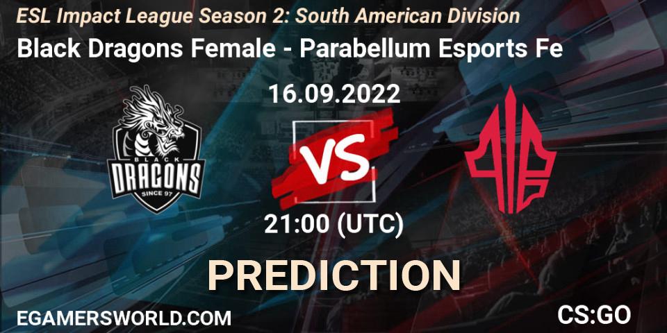 Pronósticos Black Dragons Female - Parabellum Esports Fe. 16.09.2022 at 21:00. ESL Impact League Season 2: South American Division - Counter-Strike (CS2)