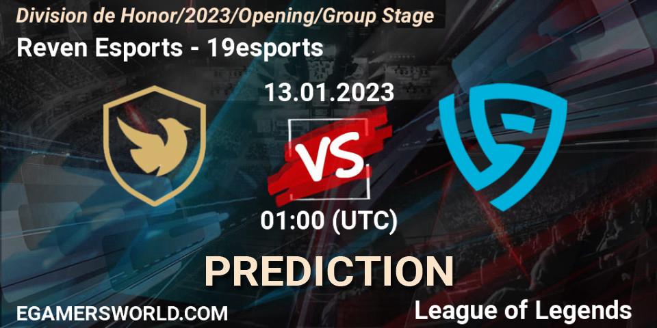 Pronósticos Reven Esports - 19esports. 13.01.2023 at 01:00. División de Honor Opening 2023 - Group Stage - LoL
