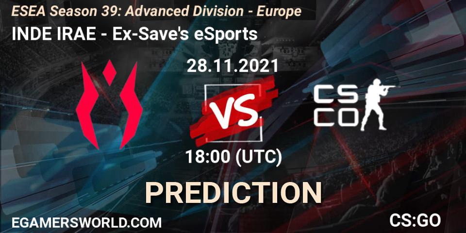 Pronósticos INDE IRAE - Ex-Save's eSports. 28.11.2021 at 18:00. ESEA Season 39: Advanced Division - Europe - Counter-Strike (CS2)