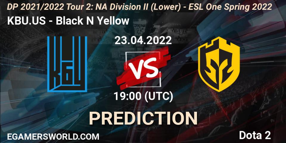 Pronósticos KBU.US - Black N Yellow. 23.04.2022 at 18:55. DP 2021/2022 Tour 2: NA Division II (Lower) - ESL One Spring 2022 - Dota 2