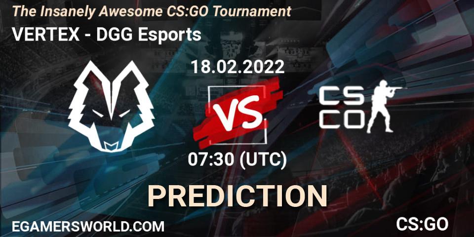 Pronósticos VERTEX - DGG Esports. 18.02.2022 at 07:30. The Insanely Awesome CS:GO Tournament - Counter-Strike (CS2)