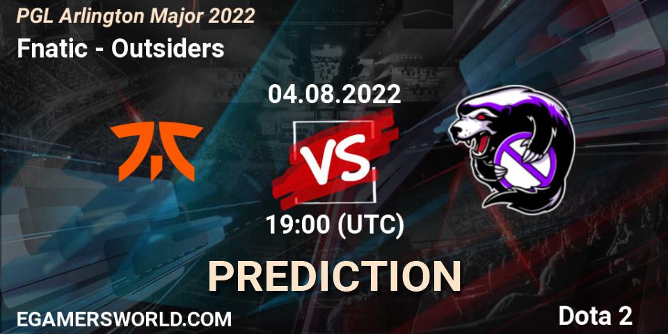Pronósticos Fnatic - Outsiders. 04.08.2022 at 19:37. PGL Arlington Major 2022 - Group Stage - Dota 2