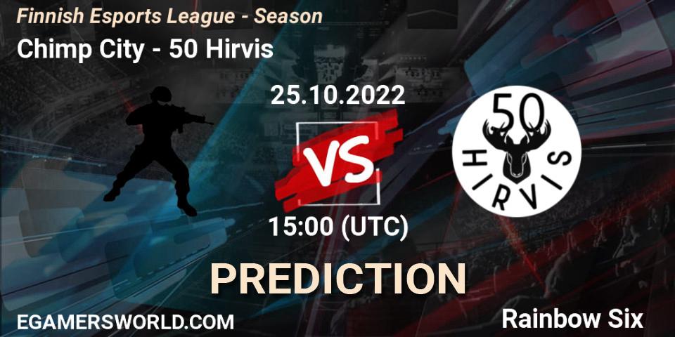 Pronósticos Chimp City - 50 Hirvis. 26.10.2022 at 18:00. Finnish Esports League - Season - Rainbow Six