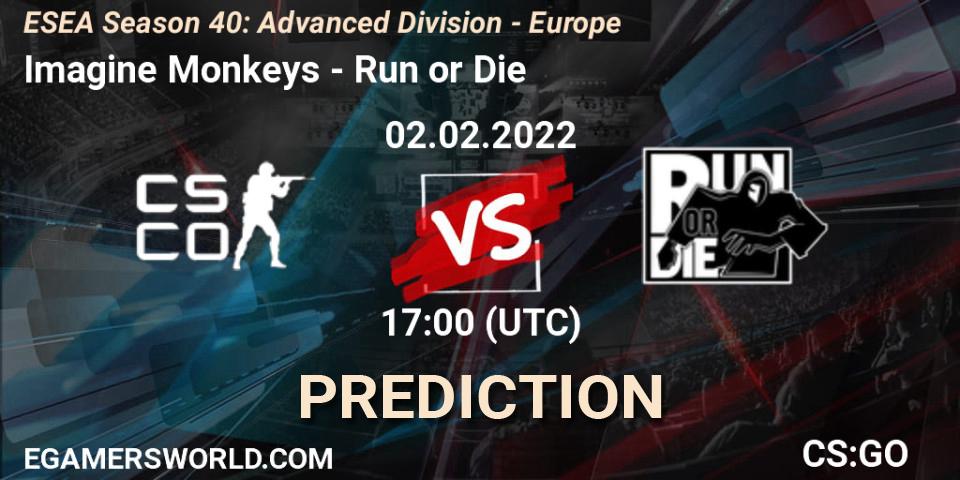 Pronósticos Imagine Monkeys - Run or Die. 02.02.2022 at 17:00. ESEA Season 40: Advanced Division - Europe - Counter-Strike (CS2)