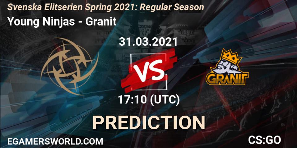 Pronósticos Young Ninjas - Granit. 01.04.2021 at 19:00. Svenska Elitserien Spring 2021: Regular Season - Counter-Strike (CS2)