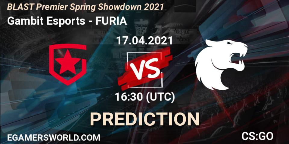 Pronósticos Gambit Esports - FURIA. 17.04.2021 at 16:10. BLAST Premier Spring Showdown 2021 - Counter-Strike (CS2)
