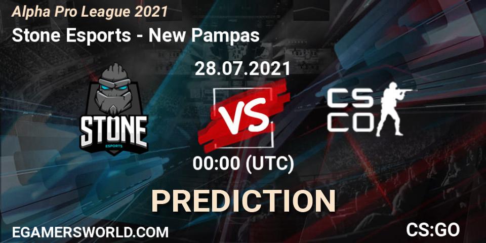 Pronósticos Stone Esports - New Pampas. 28.07.2021 at 00:00. Alpha Pro League 2021 - Counter-Strike (CS2)