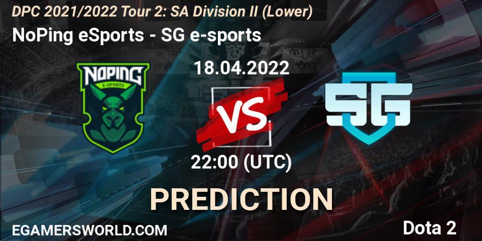 Pronósticos NoPing eSports - SG e-sports. 18.04.2022 at 22:00. DPC 2021/2022 Tour 2: SA Division II (Lower) - Dota 2