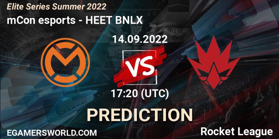 Pronósticos mCon esports - HEET BNLX. 14.09.2022 at 17:20. Elite Series Summer 2022 - Rocket League