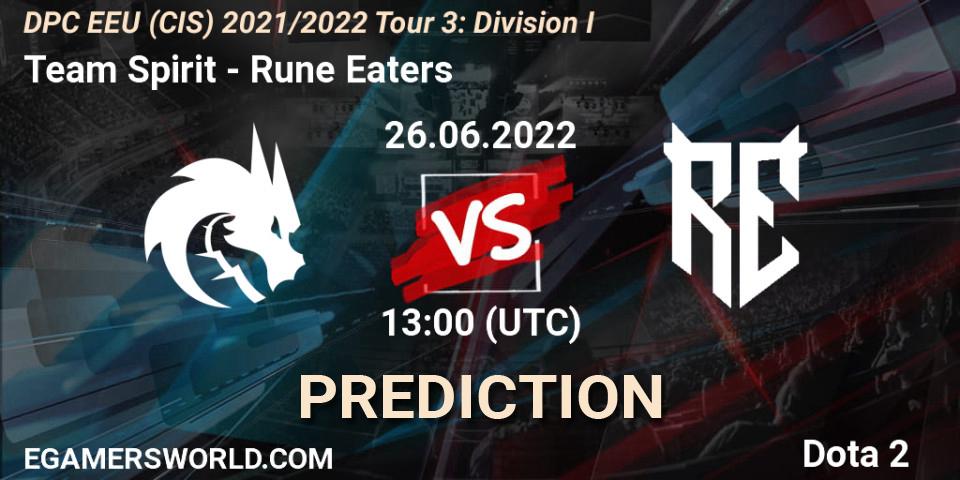 Pronósticos Team Spirit - Rune Eaters. 26.06.2022 at 13:01. DPC EEU (CIS) 2021/2022 Tour 3: Division I - Dota 2