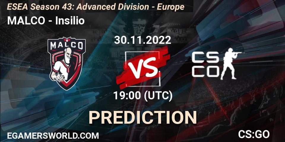 Pronósticos MALCO - Insilio. 30.11.2022 at 19:00. ESEA Season 43: Advanced Division - Europe - Counter-Strike (CS2)