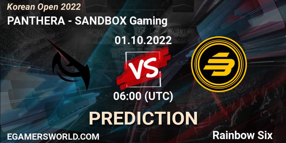 Pronósticos PANTHERA - SANDBOX Gaming. 01.10.2022 at 06:00. Korean Open 2022 - Rainbow Six