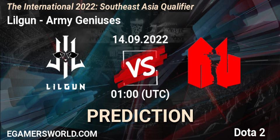 Pronósticos Lilgun - Army Geniuses. 14.09.2022 at 01:01. The International 2022: Southeast Asia Qualifier - Dota 2
