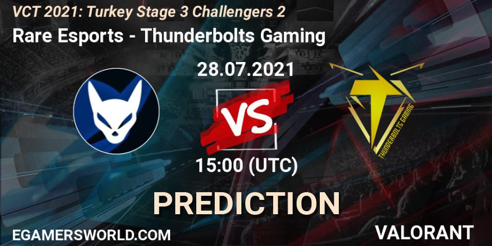 Pronósticos Rare Esports - Thunderbolts Gaming. 28.07.2021 at 15:00. VCT 2021: Turkey Stage 3 Challengers 2 - VALORANT