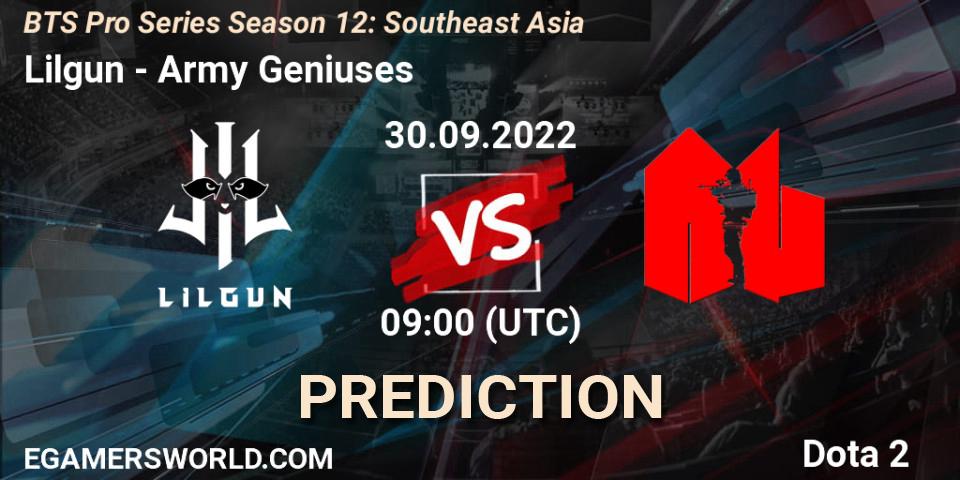 Pronósticos Lilgun - Army Geniuses. 30.09.2022 at 09:00. BTS Pro Series Season 12: Southeast Asia - Dota 2