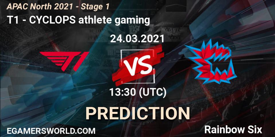 Pronósticos T1 - CYCLOPS athlete gaming. 24.03.2021 at 13:30. APAC North 2021 - Stage 1 - Rainbow Six