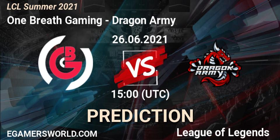 Pronósticos One Breath Gaming - Dragon Army. 27.06.2021 at 15:00. LCL Summer 2021 - LoL