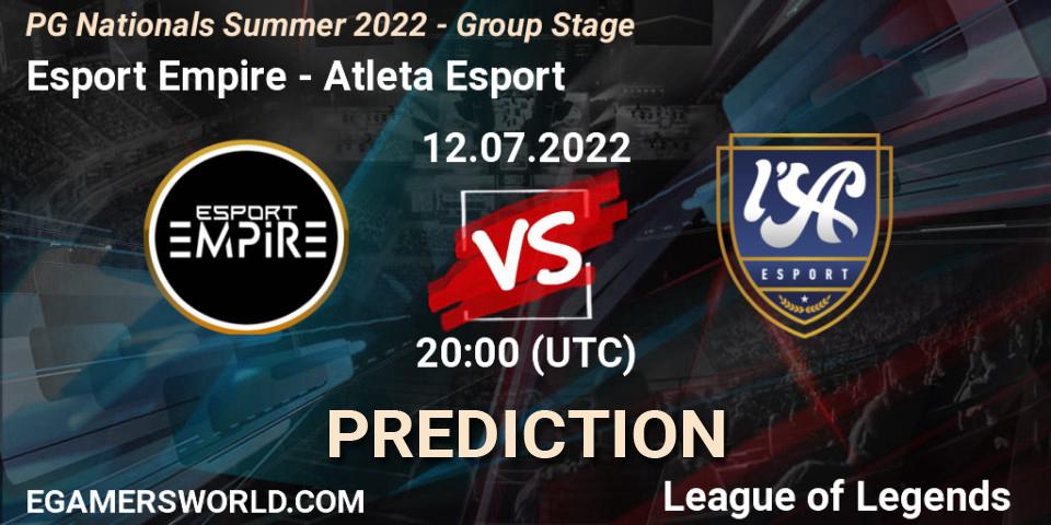 Pronósticos Esport Empire - Atleta Esport. 12.07.2022 at 20:00. PG Nationals Summer 2022 - Group Stage - LoL