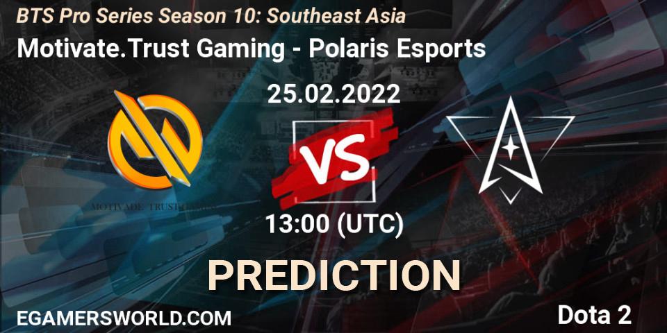 Pronósticos Motivate.Trust Gaming - Polaris Esports. 25.02.2022 at 13:11. BTS Pro Series Season 10: Southeast Asia - Dota 2