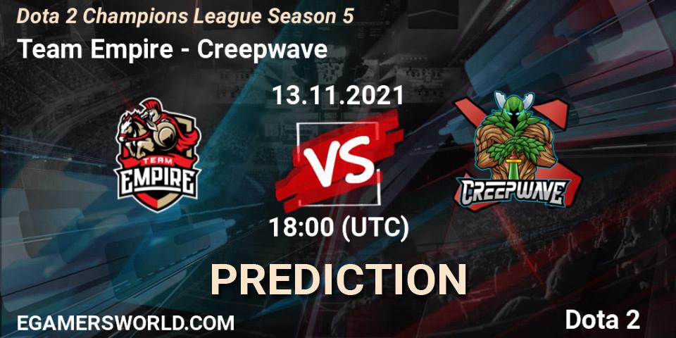 Pronósticos Team Empire - Creepwave. 13.11.2021 at 19:16. Dota 2 Champions League 2021 Season 5 - Dota 2