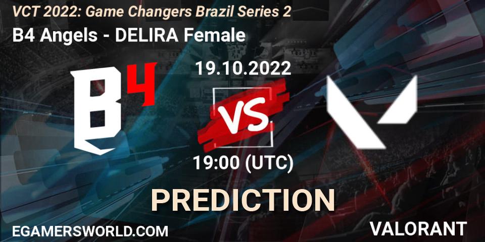 Pronósticos B4 Angels - DELIRA Female. 19.10.2022 at 19:00. VCT 2022: Game Changers Brazil Series 2 - VALORANT