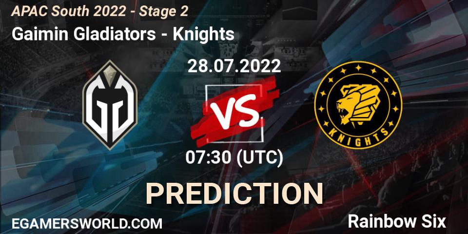 Pronósticos Gaimin Gladiators - Knights. 28.07.2022 at 07:30. APAC South 2022 - Stage 2 - Rainbow Six