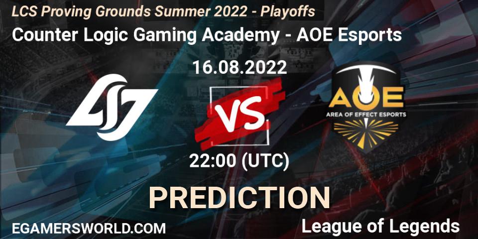 Pronósticos Counter Logic Gaming Academy - AOE Esports. 16.08.2022 at 22:00. LCS Proving Grounds Summer 2022 - Playoffs - LoL