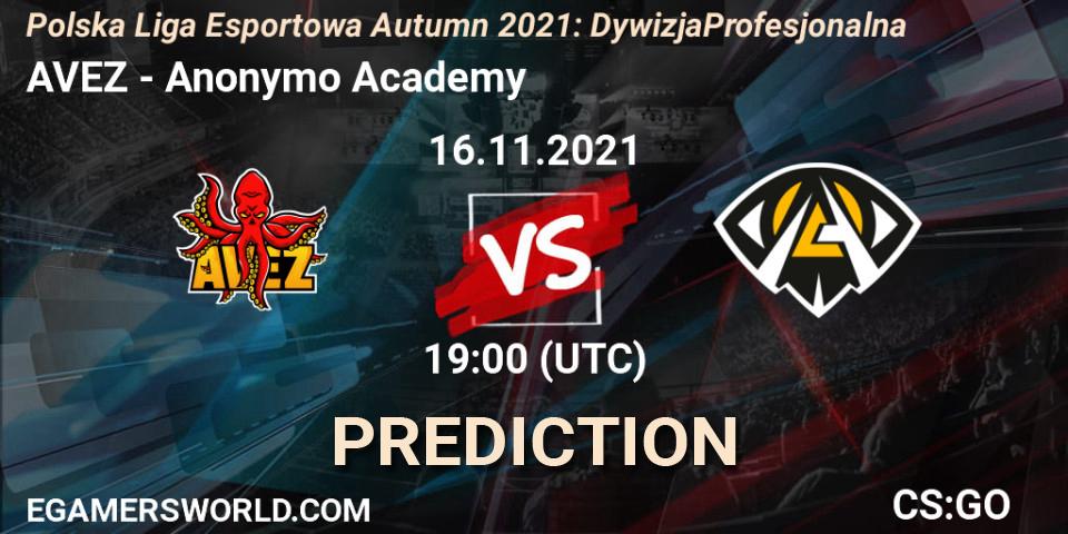 Pronósticos AVEZ - Anonymo Academy. 16.11.2021 at 20:00. Polska Liga Esportowa Autumn 2021: Dywizja Profesjonalna - Counter-Strike (CS2)