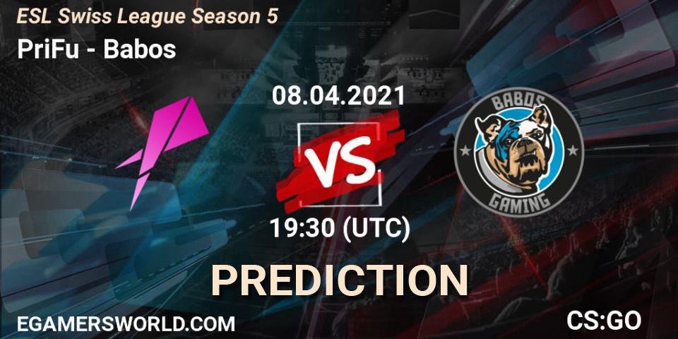Pronósticos PriFu - Babos. 08.04.2021 at 19:30. ESL Swiss League Season 5 - Counter-Strike (CS2)