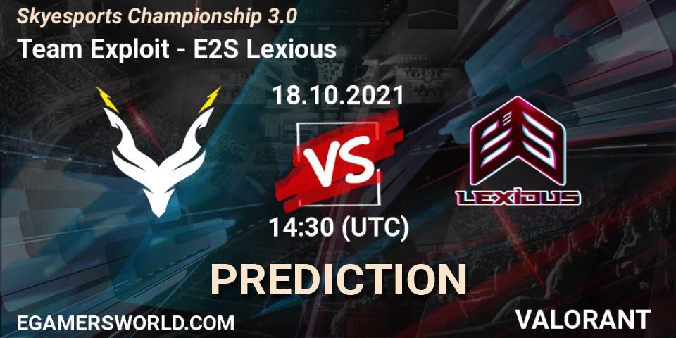 Pronósticos Team Exploit - E2S Lexious. 18.10.2021 at 14:30. Skyesports Championship 3.0 - VALORANT