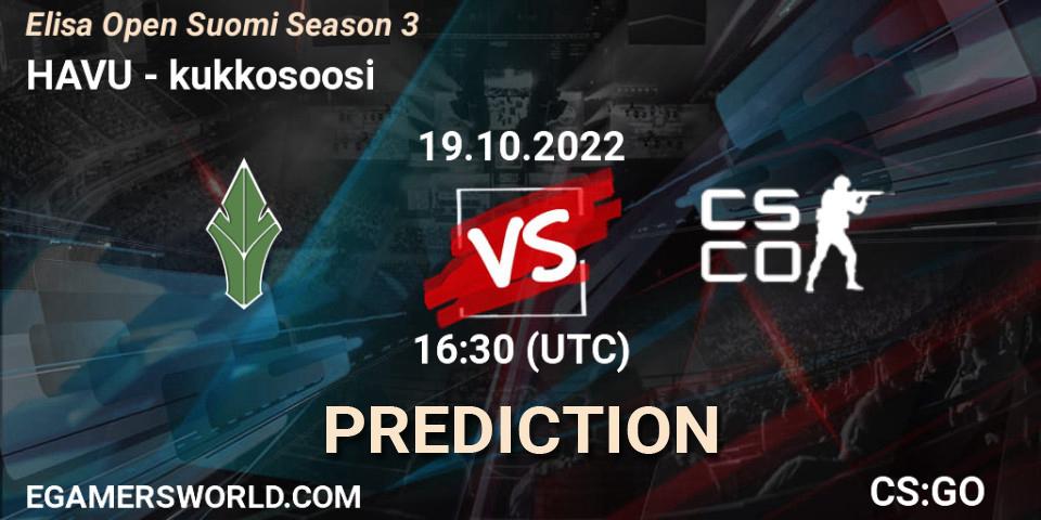 Pronósticos HAVU - kukkosoosi. 19.10.2022 at 16:30. Elisa Open Suomi Season 3 - Counter-Strike (CS2)