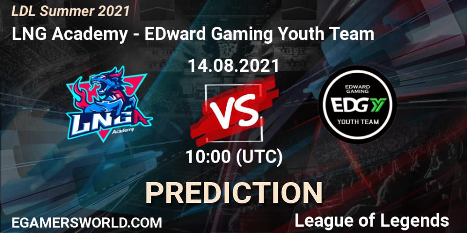 Pronósticos LNG Academy - EDward Gaming Youth Team. 14.08.2021 at 11:25. LDL Summer 2021 - LoL