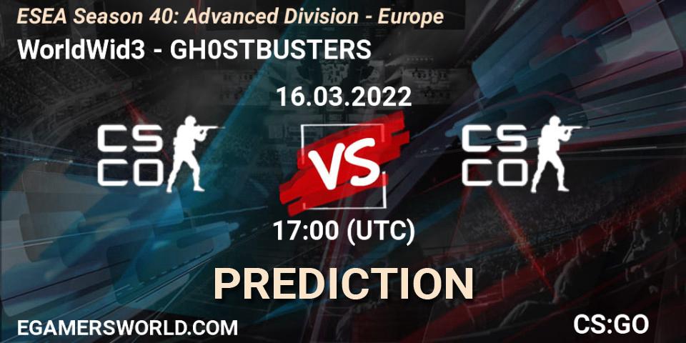Pronósticos WorldWid3 - GH0STBUSTERS. 16.03.2022 at 17:00. ESEA Season 40: Advanced Division - Europe - Counter-Strike (CS2)