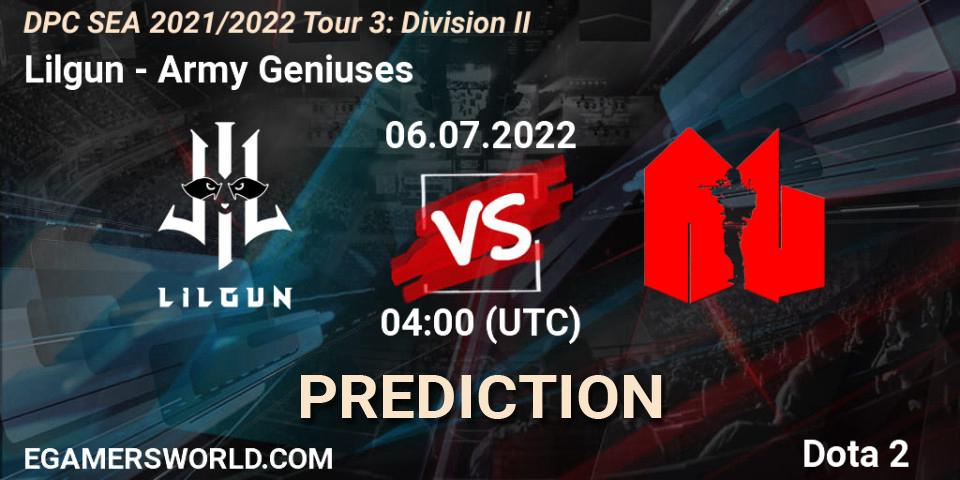 Pronósticos Lilgun - Army Geniuses. 06.07.2022 at 04:00. DPC SEA 2021/2022 Tour 3: Division II - Dota 2