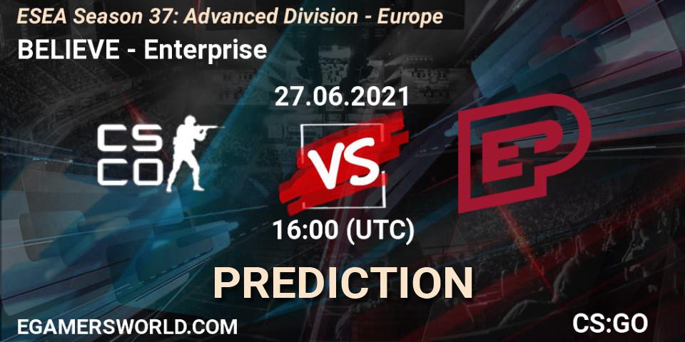 Pronósticos BELIEVE - Enterprise. 27.06.2021 at 16:00. ESEA Season 37: Advanced Division - Europe - Counter-Strike (CS2)