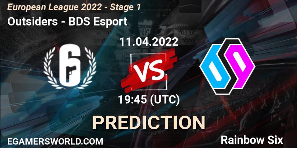 Pronósticos Outsiders - BDS Esport. 11.04.2022 at 19:45. European League 2022 - Stage 1 - Rainbow Six