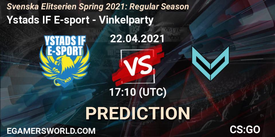 Pronósticos Ystads IF E-sport - Vinkelparty. 22.04.2021 at 17:10. Svenska Elitserien Spring 2021: Regular Season - Counter-Strike (CS2)