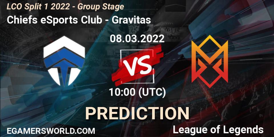 Pronósticos Chiefs eSports Club - Gravitas. 08.03.2022 at 10:00. LCO Split 1 2022 - Group Stage - LoL