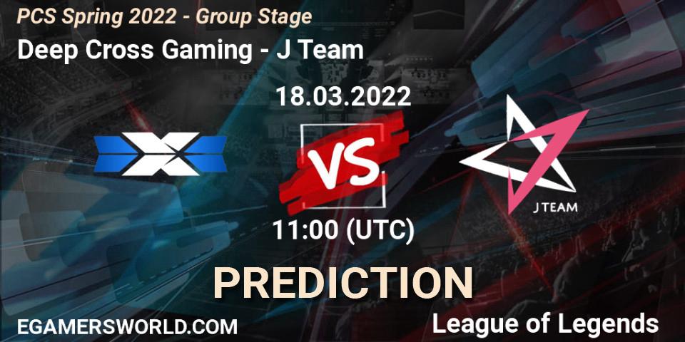 Pronósticos Deep Cross Gaming - J Team. 18.03.2022 at 11:00. PCS Spring 2022 - Group Stage - LoL