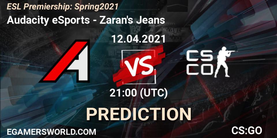 Pronósticos Audacity eSports - Zaran's Jeans. 12.04.2021 at 21:15. ESL Premiership: Spring 2021 - Counter-Strike (CS2)