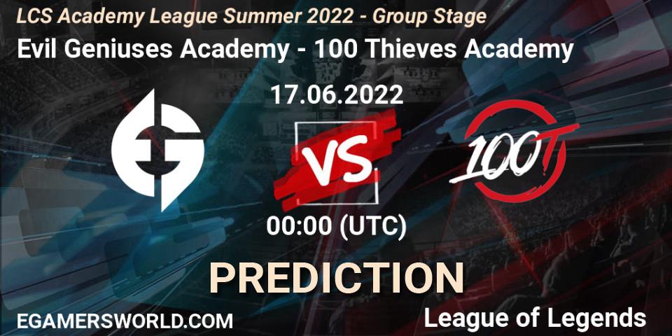 Pronósticos Evil Geniuses Academy - 100 Thieves Academy. 17.06.2022 at 00:00. LCS Academy League Summer 2022 - Group Stage - LoL