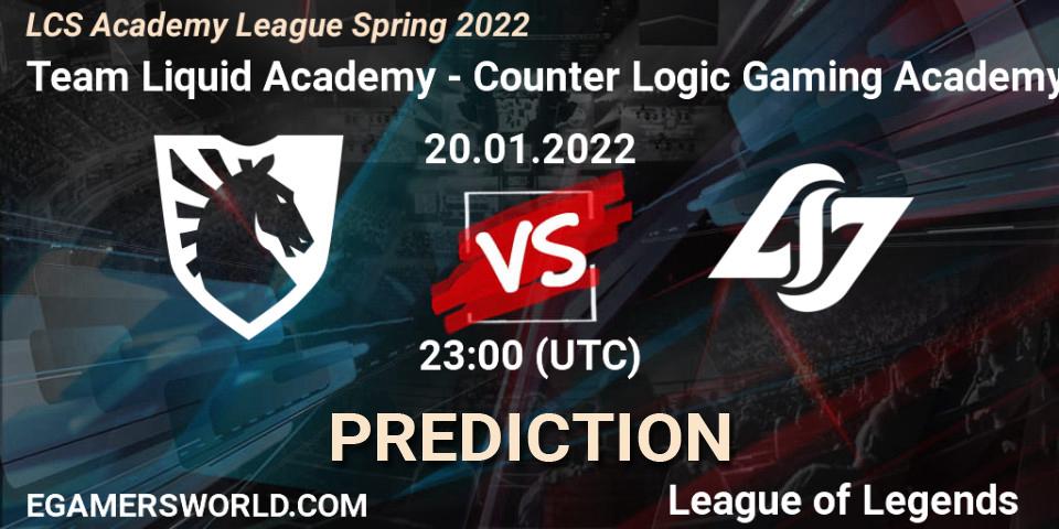 Pronósticos Team Liquid Academy - Counter Logic Gaming Academy. 20.01.2022 at 23:00. LCS Academy League Spring 2022 - LoL