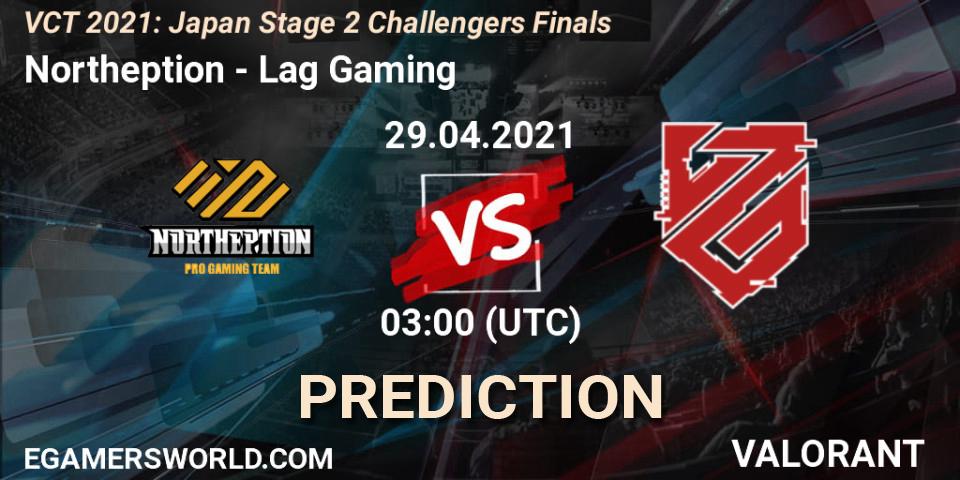 Pronósticos Northeption - Lag Gaming. 29.04.2021 at 03:30. VCT 2021: Japan Stage 2 Challengers Finals - VALORANT