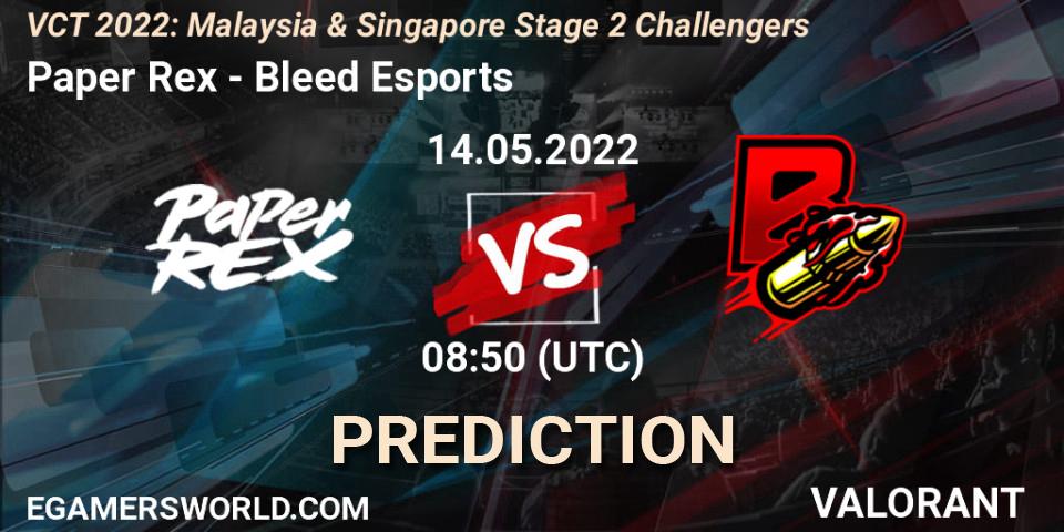 Pronósticos Paper Rex - Bleed Esports. 14.05.2022 at 08:50. VCT 2022: Malaysia & Singapore Stage 2 Challengers - VALORANT