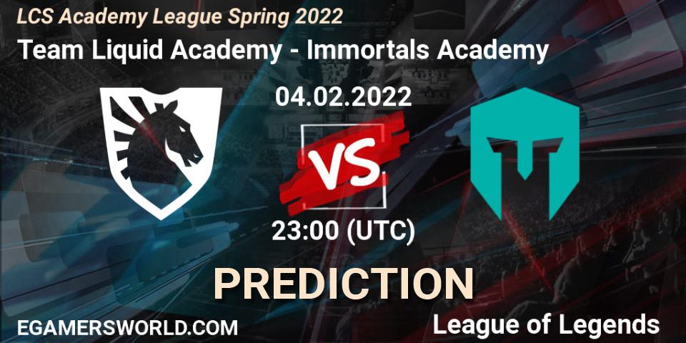 Pronósticos Team Liquid Academy - Immortals Academy. 04.02.2022 at 23:00. LCS Academy League Spring 2022 - LoL