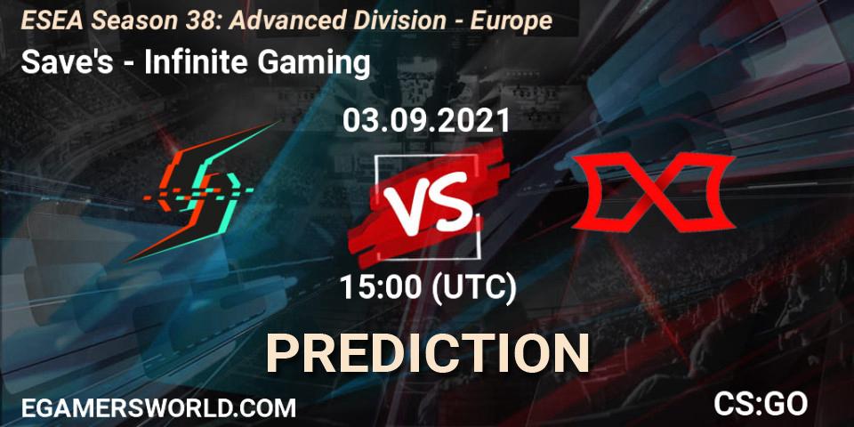 Pronósticos Save's - Infinite Gaming. 03.09.2021 at 15:00. ESEA Season 38: Advanced Division - Europe - Counter-Strike (CS2)
