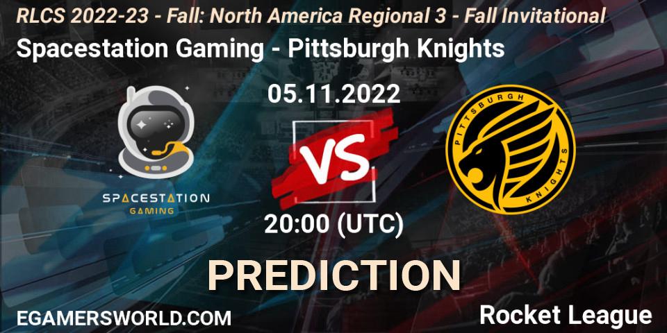 Pronósticos Spacestation Gaming - Pittsburgh Knights. 05.11.2022 at 19:50. RLCS 2022-23 - Fall: North America Regional 3 - Fall Invitational - Rocket League